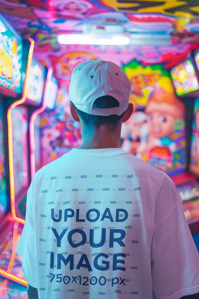 Back-View T-Shirt Mockup of an AI-Generated Man in an Arcade