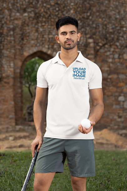 Gildan Polo Shirt Mockup Featuring a Man Holding a Cricket Ball