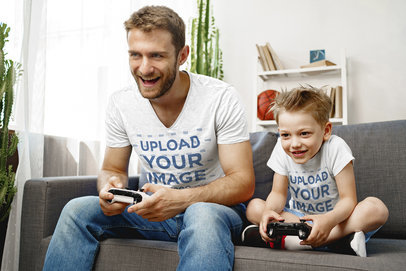 V-Neck Tee Mockup of a Happy Father Playing Video Games with His Kid