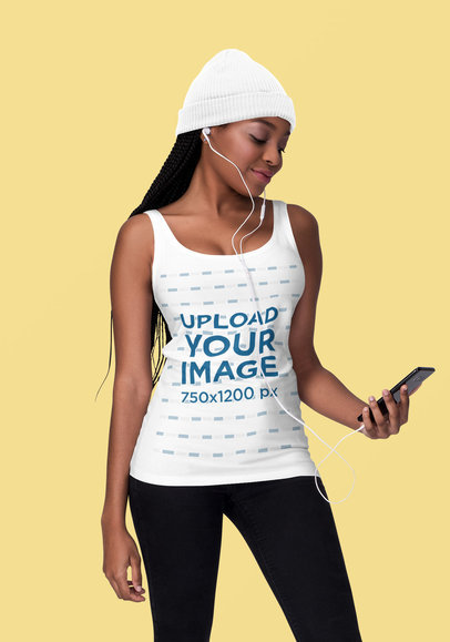 Tank Top Mockup of a Woman Listening to Music at a Studio