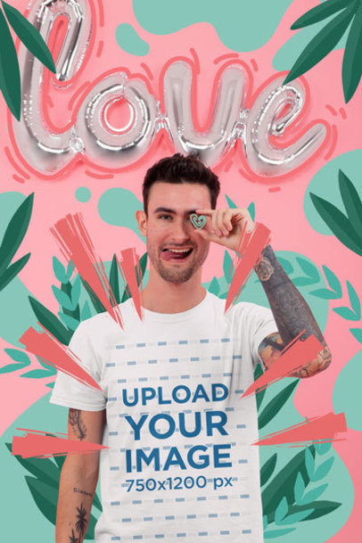 Illustrated T-Shirt Mockup of a Man in a Valentine's Setting