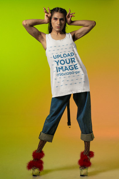 Tank Top Mockup Featuring a Trans Woman Posing Against a Colorful Backdrop