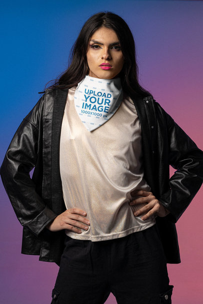 Mockup of a Bandana Featuring a Woman Posing with her Hands on her Waist