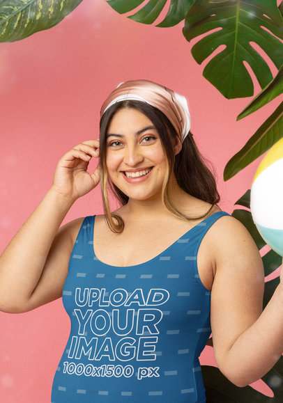 Summer-Themed Mockup of a Happy Woman Wearing a Swimsuit at a Studio with Plants