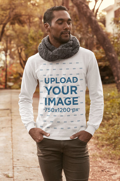 Long-Sleeve Tee Mockup Featuring a Man Walking on the Street