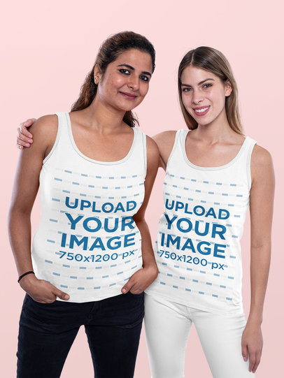 Mockup of Two Women Wearing Tank Tops in a Studio