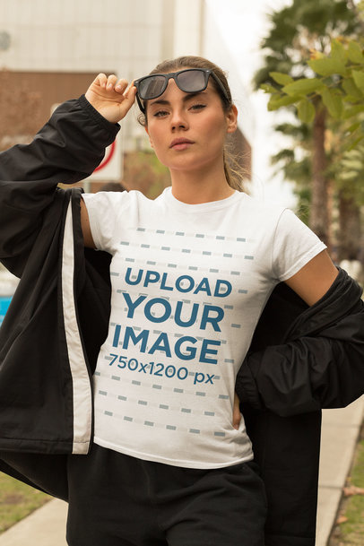 T-Shirt Mockup of a Bold Woman Wearing an Athleisure Outfit