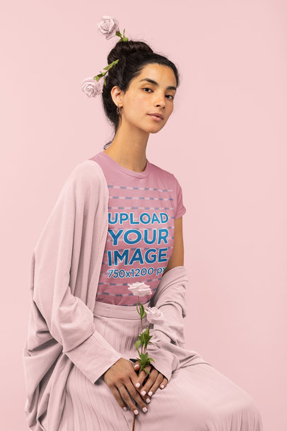 Monochromatic T-Shirt of a Woman Holding Some Roses