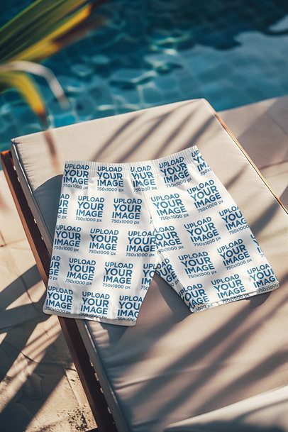 Summer-Themed Mockup Featuring a Pair of Sublimated Swim Trunks by a Pool