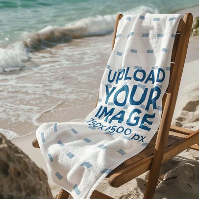 AI-Generated Mockup Featuring a Beach Towel Placed on a Wooden Chair