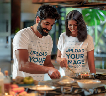 Cooking-Themed Mockup Featuring an AI-Generated Happy Couple Wearing T-Shirts