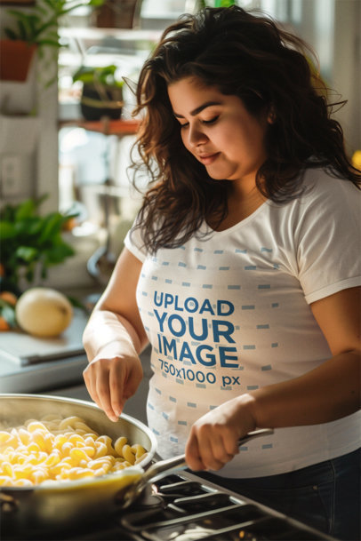 Round-Neck T-Shirt Mockup Featuring an AI-Generated Woman Cooking Pasta