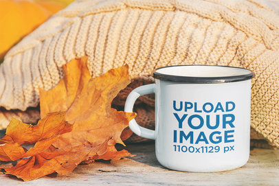 Enamel Mug Featuring a Fall-Themed Composition
