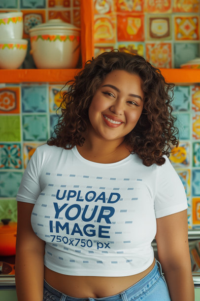 Mockup of a Smiling Woman with Curly Hair Wearing a Crop Top in a Kitchen