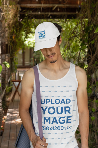 Wellness-Themed Mockup of a Man Wearing a Dad Hat and a Tank Top