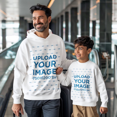 Hoodie and Sweatshirt Mockup of a Man and His Son Walking Through an Airport