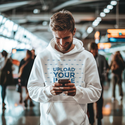 Hoodie Mockup Featuring an AI-Created Happy Man Using a Phone While Standing in the Airport