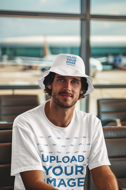 T-Shirt and Bucket Hat Mockup of an AI-Generated Man Waiting on an Airport Gate