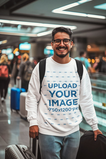 Sweatshirt Mockup of a Smiling Man with Glasses Carrying His Baggage at an Airport