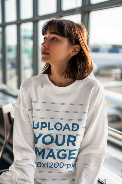 Sweatshirt Mockup of an AI-Created Woman Waiting at an Airport