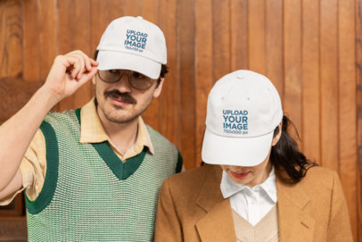 Grandpacore-Inspired Mockup of a Man and a Woman Wearing Dad Hats