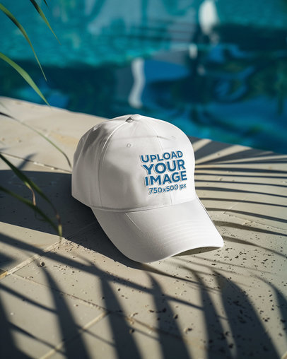 Summer Mockup Featuring an Embroidered Dad Hat Lying Near the Pool