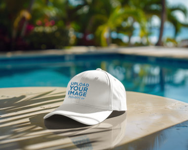Mockup of an AI-Created Dad Hat Placed Near a Pool