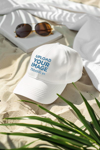Summer-Themed Mockup of an AI-Created Dad Hat Placed on the Sand