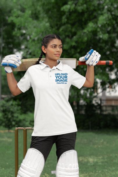 Cricket-Themed Mockup Featuring a Woman Wearing a Gildan Polo Shirt
