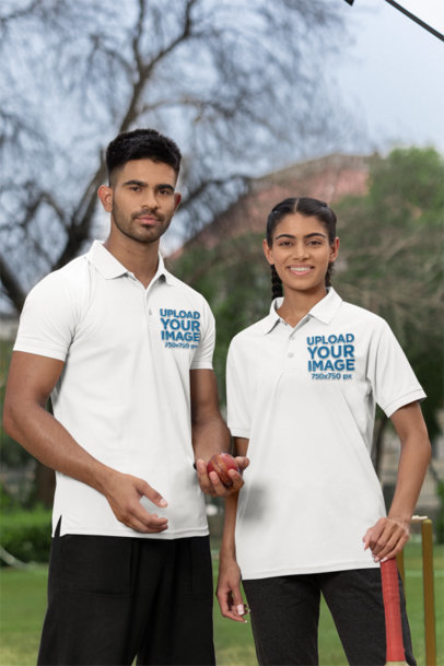 Gildan Polo Shirt Mockup of a Man and a Woman in Cricket Uniforms