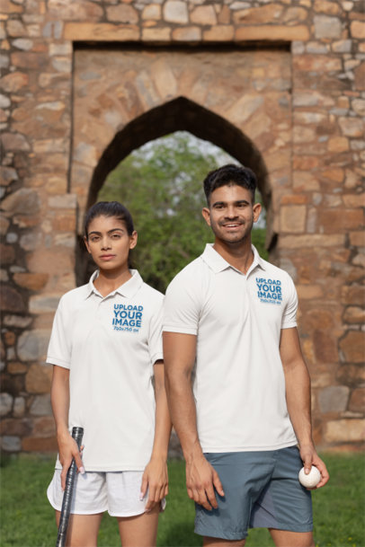 Mockup Featuring Two Cricket Players Wearing Gildan Polo Shirts