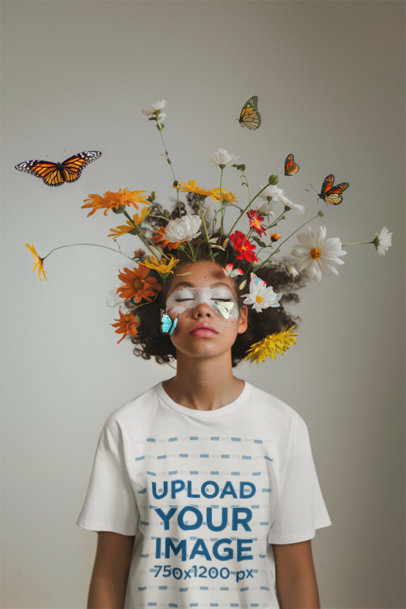 AI-Created Mockup of a Woman with Flowers on Her Head Wearing a T-Shirt