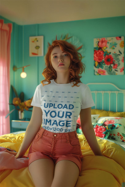 Round-Neck T-Shirt Mockup of an AI-Generated Woman Posing in a Kitsch-Styled Room