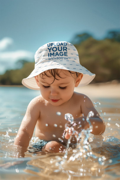 Bucket Hat Mockup of an AI-Generated Little Boy Playing in the Sea