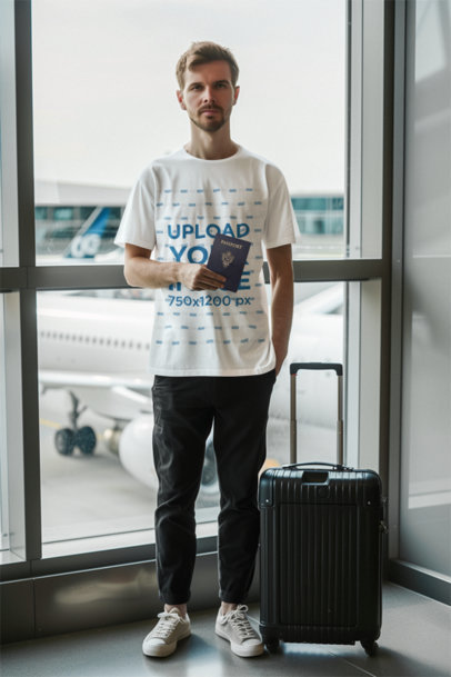 AI-Created Mockup of a Man at an Airport Wearing a Round-Neck Tee