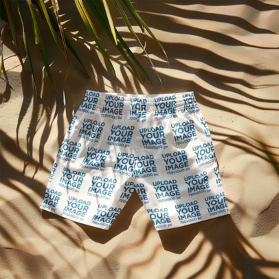 Summer Mockup Featuring Swim Trunks Flat Laid on the Sand