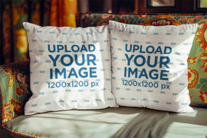 Mockup of Two AI-Created Pillows in a Kitsch-Styled Setting