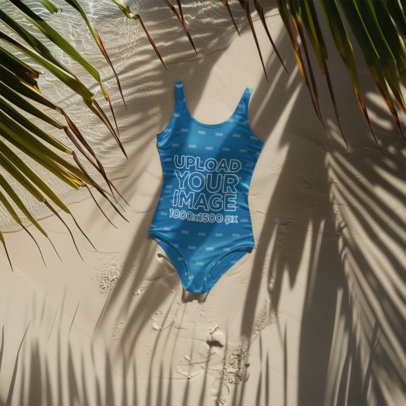 Mockup of a One-Piece Swimsuit Placed on the Sand Under Palm Trees