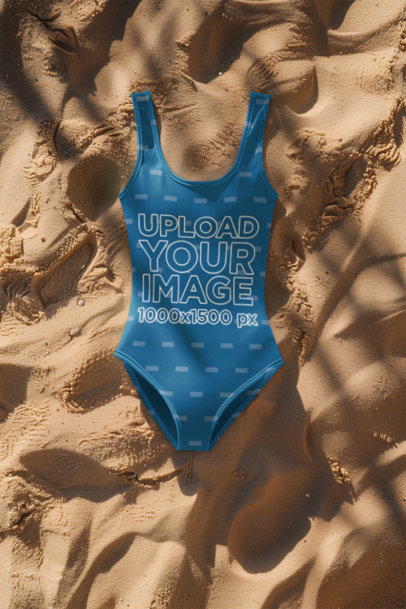 Mockup of an AI-Generated Swimsuit Flat Laid on the Sand at the Beach