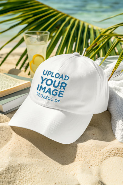 Mockup of an AI-Created Dad Hat Placed on the Sand