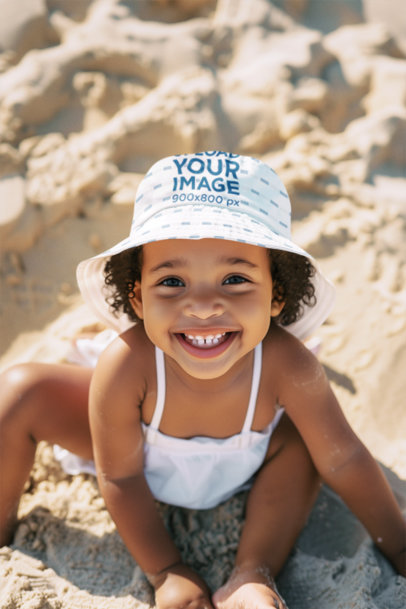 Bucket Hat Mockup Featuring an AI-Created Happy Little Girl Playing in Beach