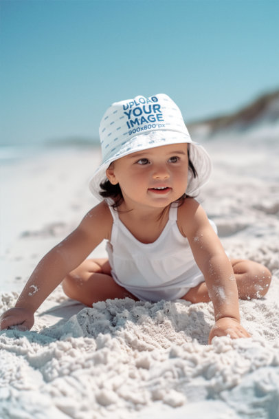 Bucket Hat Mockup of an AI-Generated Sweet Baby Girl Sitting on the Sand