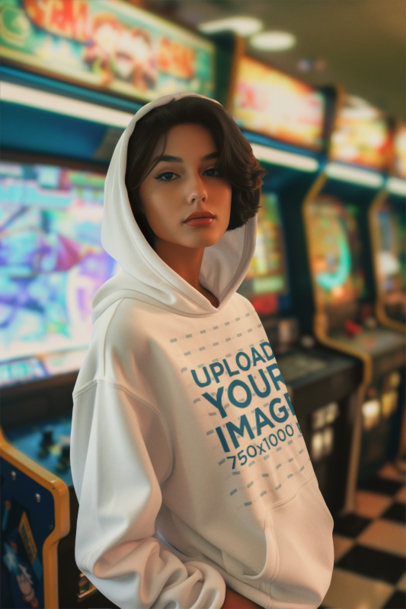Pullover Hoodie Mockup Featuring an AI-Created Woman Posing in an Arcade With a Serious Look