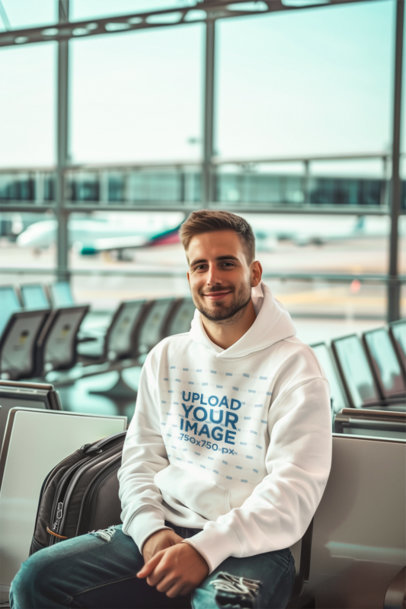 Pullover Hoodie Mockup of a Smiling Man Waiting at an Airport