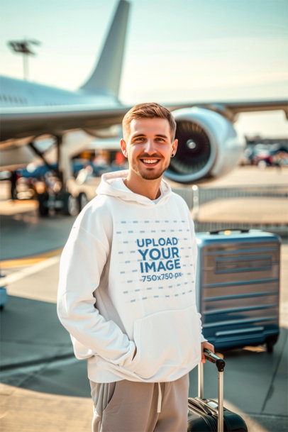 AI-Created Mockup of a Happy Man Wearing a T-Shirt in Front of a Plane