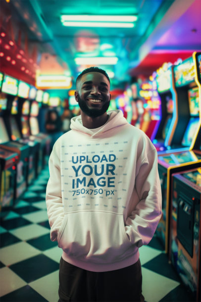 Pullover Hoodie Mockup Featuring an AI-Created Happy Man Standing in an Arcade