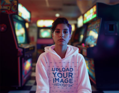 AI-Created Mockup of a Woman Wearing a Pullover Hoodie in a Casino