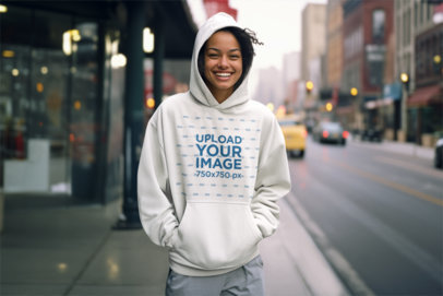 Pullover Hoodie Mockup of an AI-Generated Happy Woman Standing on a Sidewalk