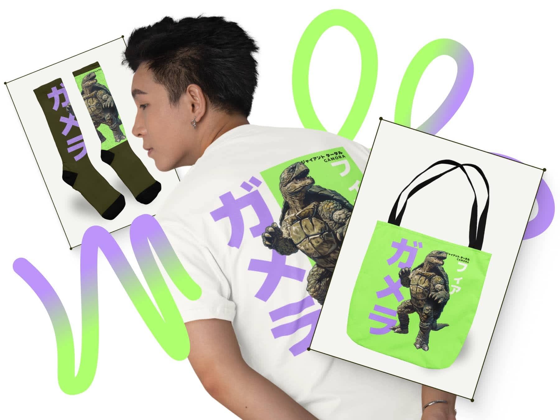 Placeit x Printify Thumbnail Featuring A Man With A T-Shirt Mockup Plus Socks And A Tote Bag Mockup