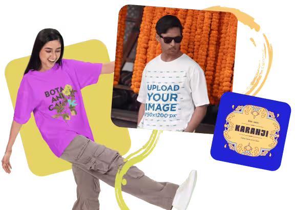 A set of three Indian-inspired templates on Placeit, featuring vibrant designs for Holi. Includes a botanical-themed t-shirt mockup, a customizable men's t-shirt mockup with marigold decorations in the background, and an ornate business logo with traditional motifs.